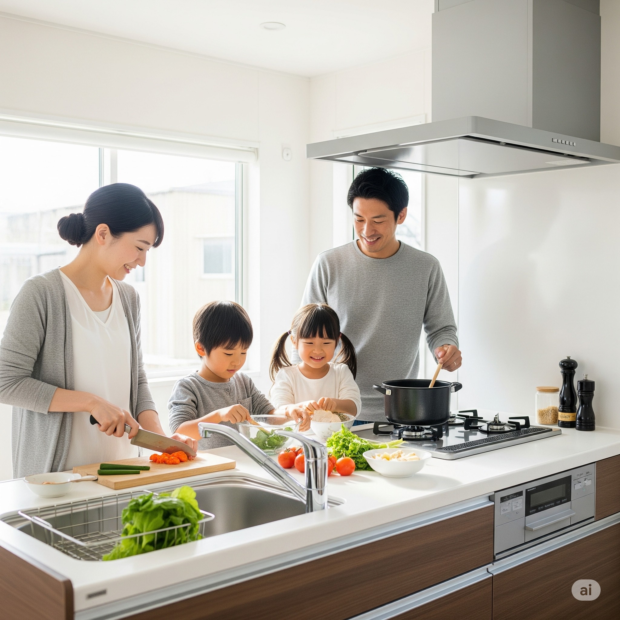 가족이 세컨하우스 주방에서 함께 요리하는 라이프스타일 이미지